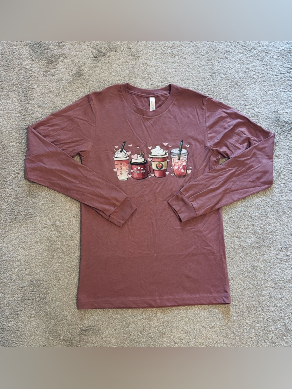Women’s Small Bella + Canvas Long Sleeve Crewneck Shirt with Coffee Cup Graphic